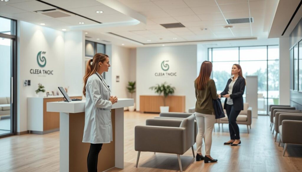 A modern, sleek clinic interior with a warm, inviting atmosphere. In the foreground, a woman in a white lab coat stands at a reception desk, engaging with a patient. The middle ground features comfortable seating arrangements and subtle branding elements, like a clinic logo on the wall. The background showcases a well-lit, spacious waiting area with natural lighting filtering in through large windows. The overall scene conveys a sense of professionalism, care, and a welcoming environment for patients returning for follow-up visits or additional treatments.