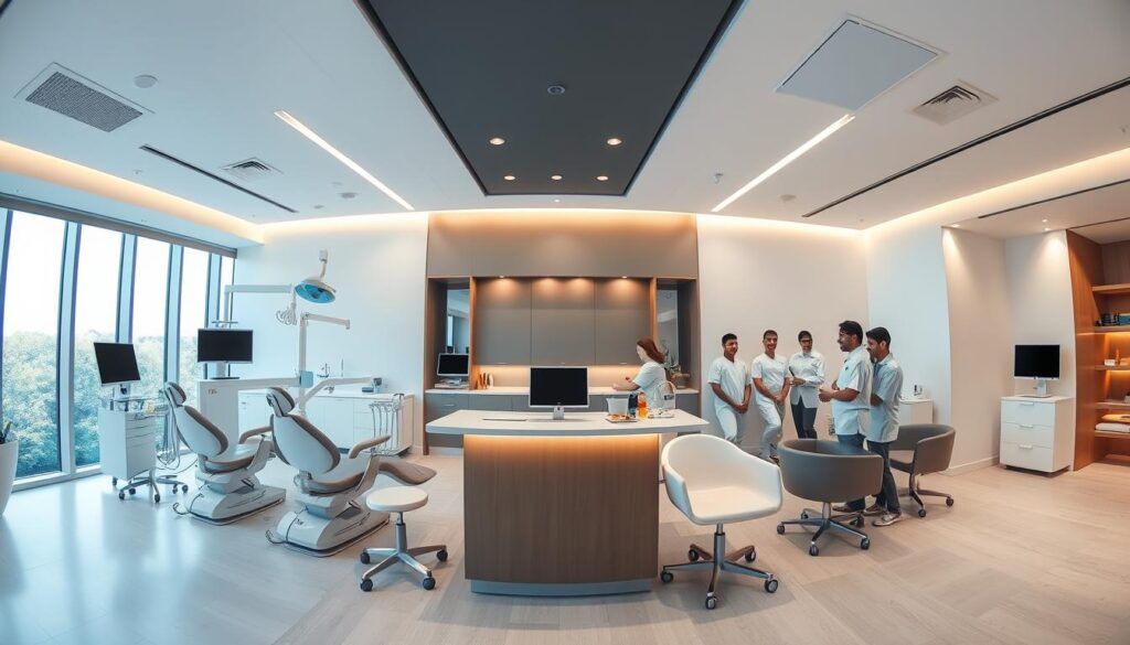 A modern, sleek dental clinic interior with a central reception desk and waiting area. In the foreground, a panoramic view of various dental equipment and tools, including a state-of-the-art dental chair, overhead lighting, and a digital x-ray machine. The middle ground features a team of friendly dental professionals, dressed in clean, white uniforms, engaged in consultations with patients. The background showcases a minimalist, well-lit space with floor-to-ceiling windows, allowing natural light to flood the room. The color palette is a harmonious blend of soothing blues, grays, and whites, conveying a sense of professionalism and advanced dental technology.