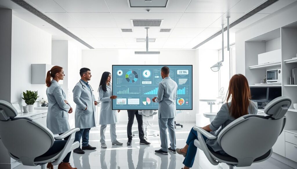 A modern, sleek dental clinic interior with minimalist design, bright natural lighting, and crisp white walls. In the foreground, a group of dentists and assistants huddle around a touchscreen display, discussing complex data visualizations and charts related to practice management challenges in 2025. Farther back, patients sit comfortably in ergonomic chairs, while cutting-edge dental technology and equipment fill the space. An aura of professionalism and innovation permeates the scene, hinting at the strategic, data-driven approach required to navigate the evolving landscape of dental clinic management.