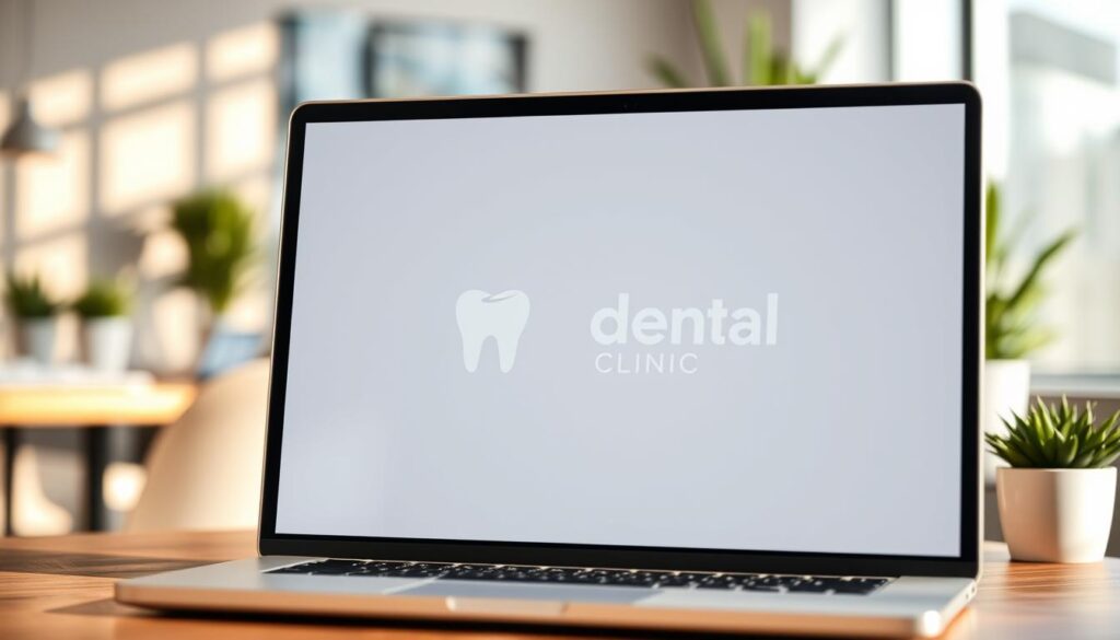 A modern, sleek dental clinic logo prominently displayed on a sharply focused laptop screen. Warm, natural lighting illuminates the smooth, minimalist design elements. In the background, blurred office furniture and potted plants suggest a professional, welcoming environment. The overall aesthetic conveys a sense of trustworthiness, attention to detail, and a commitment to excellent patient care. The composition highlights the importance of Google My Business as a powerful digital marketing tool for clinics to effectively reach and engage their local community.