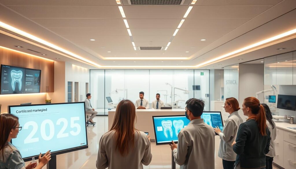 A modern, sleek dental clinic showcasing advanced marketing strategies for the year 2025. In the foreground, a group of patients engage with digital displays demonstrating the clinic's services and cutting-edge technologies. The middle ground features a reception desk with a friendly staff, guiding patients through the seamless check-in process. In the background, a panoramic view of the clinic's state-of-the-art facilities, including treatment rooms equipped with the latest dental equipment. The lighting is warm and inviting, creating a calming atmosphere that puts patients at ease. The overall composition conveys a sense of professionalism, innovation, and patient-centric care, reflecting the clinic's commitment to providing the ultimate dental experience.