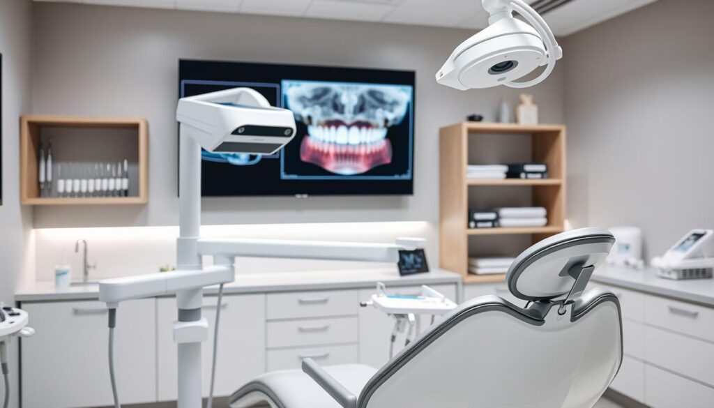 A modern, sleek dental office interior with cutting-edge technology. In the foreground, a dentist's chair with an articulating arm holding a digital x-ray scanner. In the middle ground, a large flatscreen display showing 3D models of a patient's teeth. In the background, shelves with various dental instruments and equipment. Soft, neutral lighting creates a calming, professional atmosphere. The overall scene conveys the integration of advanced technology into the practice of dental care management.
