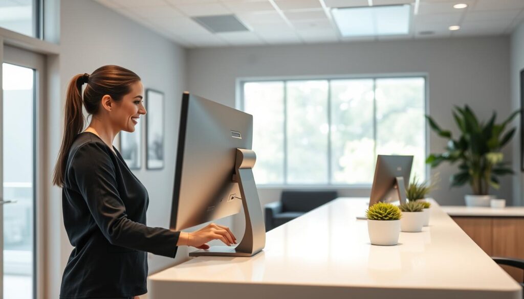 A modern, sleek dental office reception area. In the foreground, a smiling receptionist efficiently managing her workload on a sophisticated touchscreen computer system. The middle ground features a minimalist reception desk adorned with potted plants and contemporary decor, conveying a calming, professional atmosphere. In the background, a large window allows natural light to flood the space, creating a bright and airy ambiance. Soft, diffused lighting highlights the receptionist's ergonomic workstation, optimizing her productivity and comfort. The overall scene emphasizes the harmony of technology, design, and human-centric workflow, exemplifying the optimization of the receptionist's time and tasks.