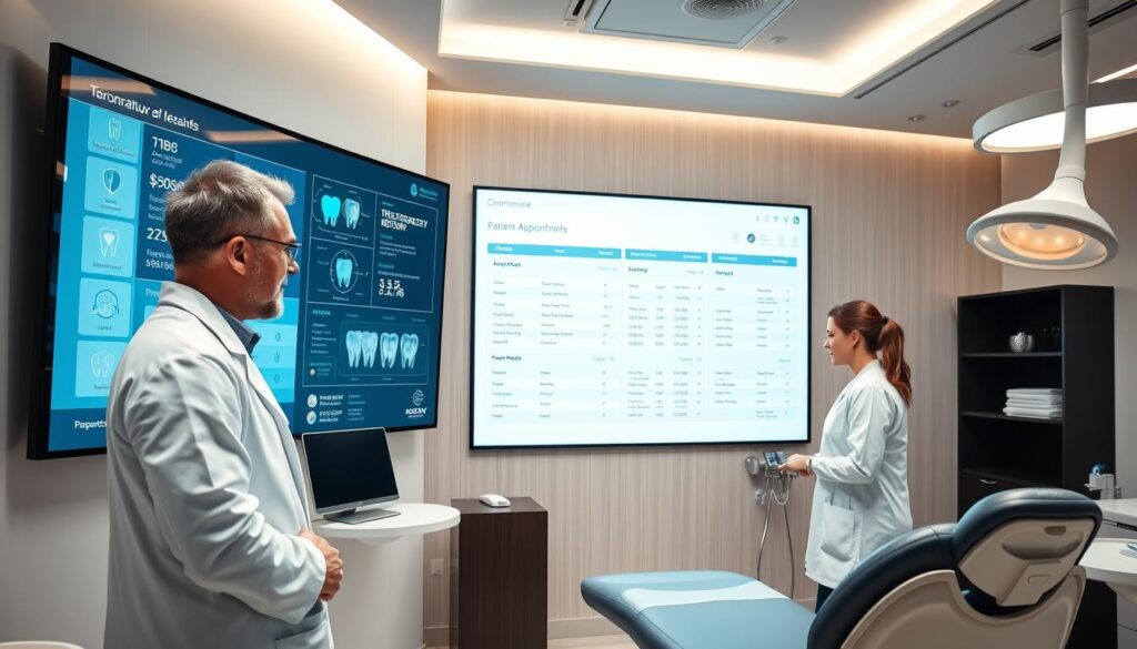 A modern, sleek dental office with a large, wall-mounted digital display showcasing a comprehensive electronic patient record system. The display features detailed patient information, treatment history, and upcoming appointments, all accessible through a clean, intuitive interface. The lighting is bright and professional, creating a sense of efficiency and advanced medical technology. In the foreground, a dentist in a white lab coat is reviewing the patient's file on the display, while a nurse assists with preparing the examination room. The background features a minimalist, contemporary decor with subtle dental-themed accents, conveying a forward-thinking and technologically-driven dental practice.