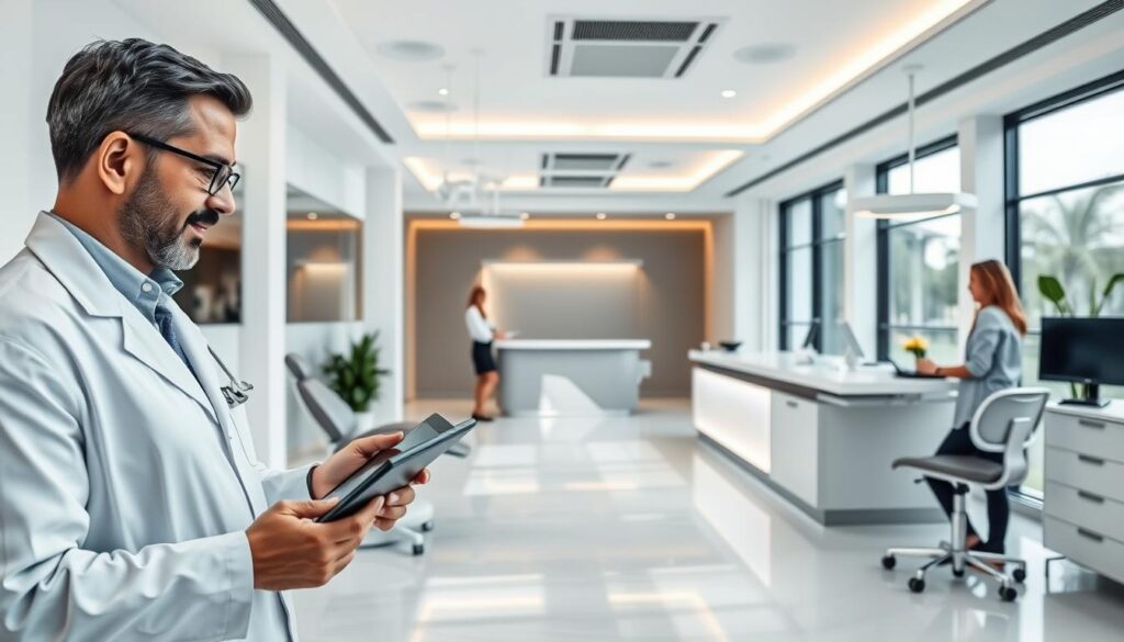 A modern, sleek dental office with minimalist decor and state-of-the-art equipment. In the foreground, a dentist in a white coat is reviewing patient records on a tablet, conveying the idea of efficient practice management. In the middle ground, a receptionist cordially greets patients at the front desk, highlighting the importance of exceptional customer service. The background features an open, airy layout with large windows allowing natural light to flood the space, creating a calming, professional atmosphere conducive to quality dental care. The overall scene reflects a harmonious blend of clinical expertise, operational efficiency, and patient-centric focus - the hallmarks of effective dental practice management.