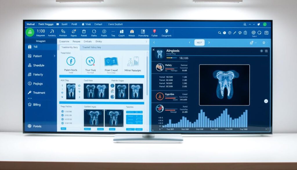 A modern, sleek dental software interface featuring a clean, organized layout with intuitive icons and controls. The foreground displays key functionalities such as patient management, appointment scheduling, treatment planning, and billing. In the middle ground, detailed patient records, x-rays, and treatment history are seamlessly integrated. The background showcases a crisp, minimalist design with soft lighting and subtle gradients, creating a calming, professional atmosphere befitting a state-of-the-art dental practice management system.