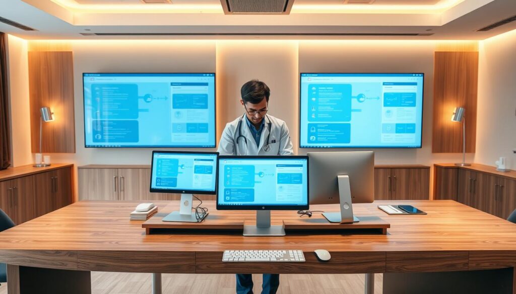 A modern, sleek office interior with a large wooden desk showcasing various software options for a dental clinic. The desk is well-lit, with warm, directional lighting highlighting the display screens and devices. In the middle ground, a medical professional examines the software interfaces, evaluating features and usability. The background depicts a minimalist, contemporary decor with clean lines, neutral tones, and subtle accent pieces that complement the professional setting. The overall atmosphere conveys a sense of thoughtful decision-making, efficiency, and technological integration within the dental practice.