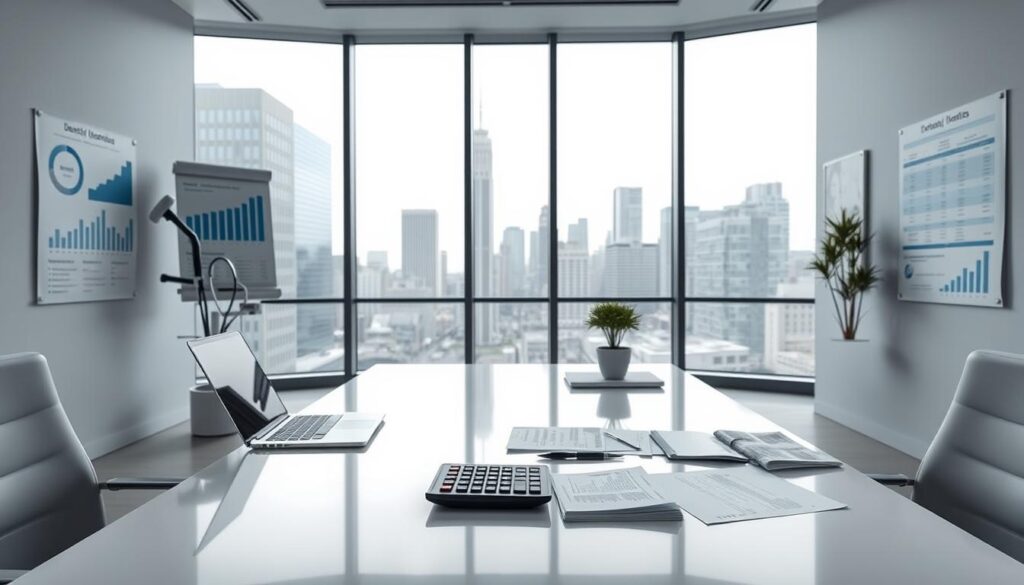 A modern, sleek office setting showcasing financial management for dental clinics. In the foreground, a polished, minimalist desk with a laptop, calculator, and organized paperwork. Behind it, floor-to-ceiling windows provide natural lighting and a view of the city skyline. On the walls, infographics and charts display key financial metrics and budgeting strategies tailored for dental practices. The color palette is muted yet sophisticated, with shades of gray, white, and accents of blue. An atmosphere of professionalism, efficiency, and attention to detail permeates the scene, reflecting the specialized needs of dental clinic financial management.