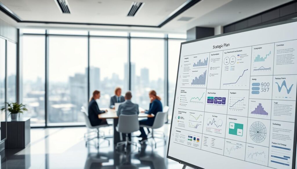 A modern, sleek office setting with a large whiteboard or digital display prominently featured in the foreground. The whiteboard showcases a detailed strategic plan, with graphs, diagrams, and key performance indicators meticulously mapped out. In the middle ground, a group of professionals in business attire are gathered around a conference table, engaged in a focused discussion. The lighting is bright and professional, creating a sense of productivity and collaboration. The background features floor-to-ceiling windows overlooking a cityscape, suggesting a thriving, dynamic business environment. The overall mood conveys a sense of strategic planning, attention to detail, and a commitment to growth and success.