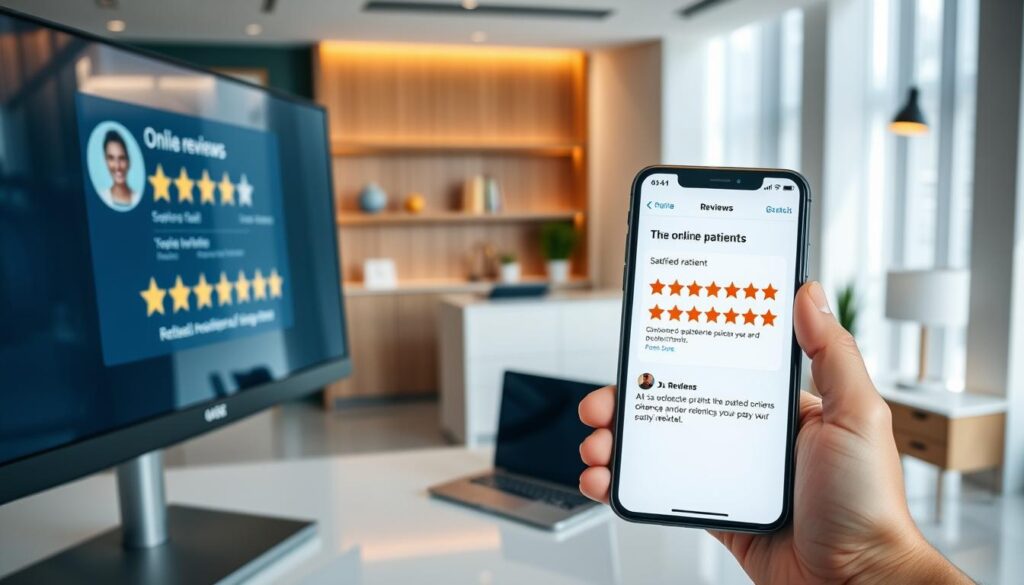 A modern, sleek office setting with a prominent computer screen displaying an online review platform. The foreground features a hand holding a smartphone, capturing a satisfied patient's five-star rating and positive feedback. The middle ground showcases a polished desk with a professional laptop, reflecting the healthcare practice's focus on digital marketing. In the background, minimalist decor and warm lighting create a welcoming, client-centric atmosphere. The overall composition conveys the importance of online reviews in building trust and reputation for a dental practice.