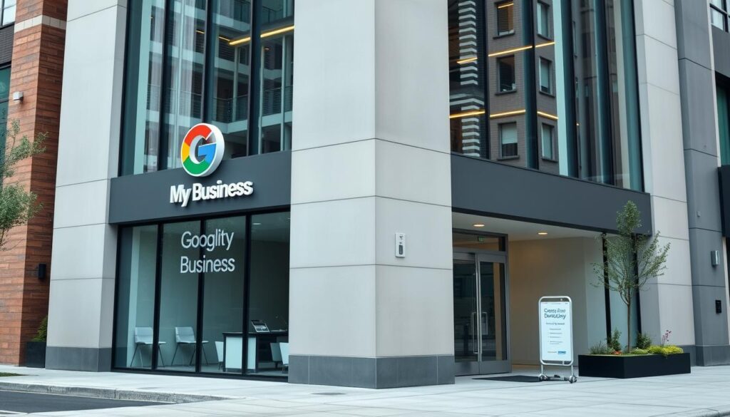 A modern, sleek professional dental clinic with a large Google My Business logo prominently displayed on the facade. The clinic is situated in an urban setting, with tall glass windows letting in plenty of natural light. The exterior is composed of clean, minimalist lines and muted tones, conveying a sense of sophistication and attention to detail. The entrance is inviting, with a well-manicured landscaping and a discreet sign highlighting the clinic's specialization in dentistry. The overall atmosphere emanates a feeling of trust, reliability, and a commitment to providing high-quality dental care.