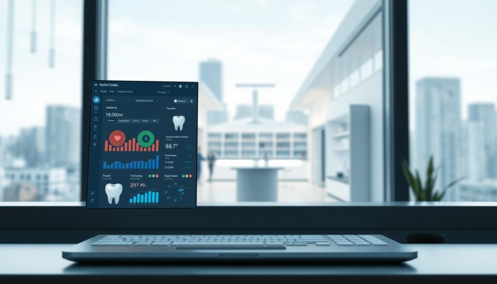 A modern, sleek software interface showcasing dental practice management tools. In the foreground, an intuitive dashboard displays patient records, appointment scheduling, and billing data. The middle ground features a 3D render of a dental clinic, with clean lines and minimalist design. In the background, a blurred cityscape suggests the software's integration with the broader healthcare ecosystem. Soft lighting creates a professional, efficient atmosphere, while a subtle color palette of blues and grays conveys a sense of trust and reliability. The image should inspire confidence in the dental practice's ability to streamline operations and improve patient outcomes.