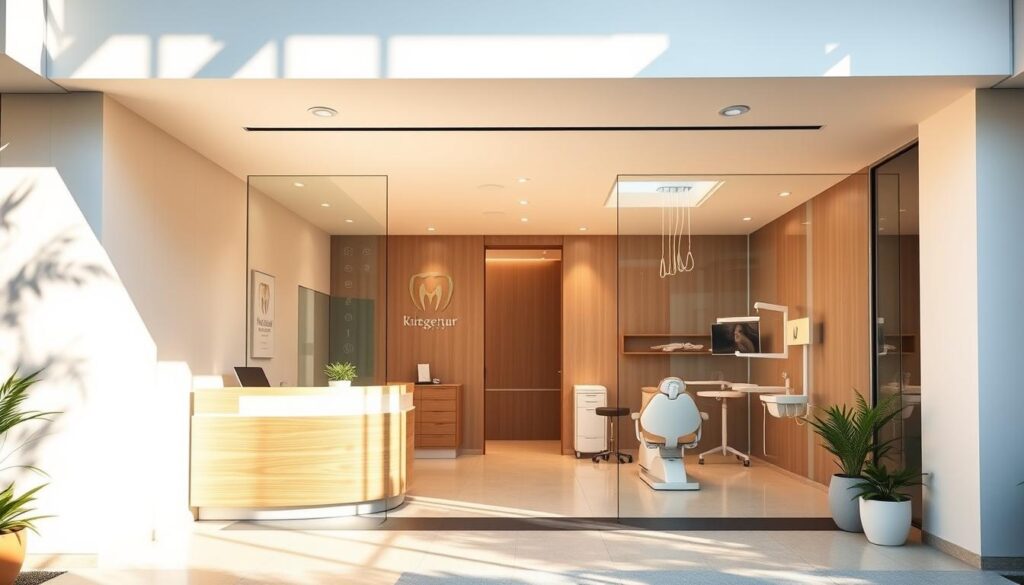 A modern, state-of-the-art dental clinic, with a minimalist and welcoming facade. The entrance is bathed in warm, natural light, inviting patients to step inside. The reception area features clean, simple lines and soothing neutral tones, creating a calming atmosphere. In the background, the clinic's logo and branding are tastefully displayed, reinforcing its professional identity. The dental chairs are positioned in well-lit, private treatment rooms, equipped with the latest technology. The overall design prioritizes patient comfort, efficiency, and a high-quality dental experience.