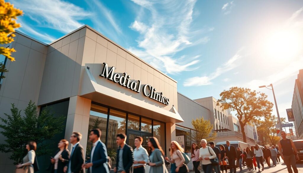 A modern, stylish medical clinic facade set against a vibrant, bustling city street. In the foreground, people hurry by, diverse in age and ethnicity, creating a sense of an active, thriving local community. The clinic's exterior features clean lines, large windows, and a prominent sign showcasing the clinic's name in an elegant typeface. Overhead, a blue sky with wispy clouds is illuminated by warm, golden sunlight, casting gentle shadows across the scene. The overall mood evokes a welcoming, approachable atmosphere that invites patients to discover quality healthcare services within their local neighborhood.