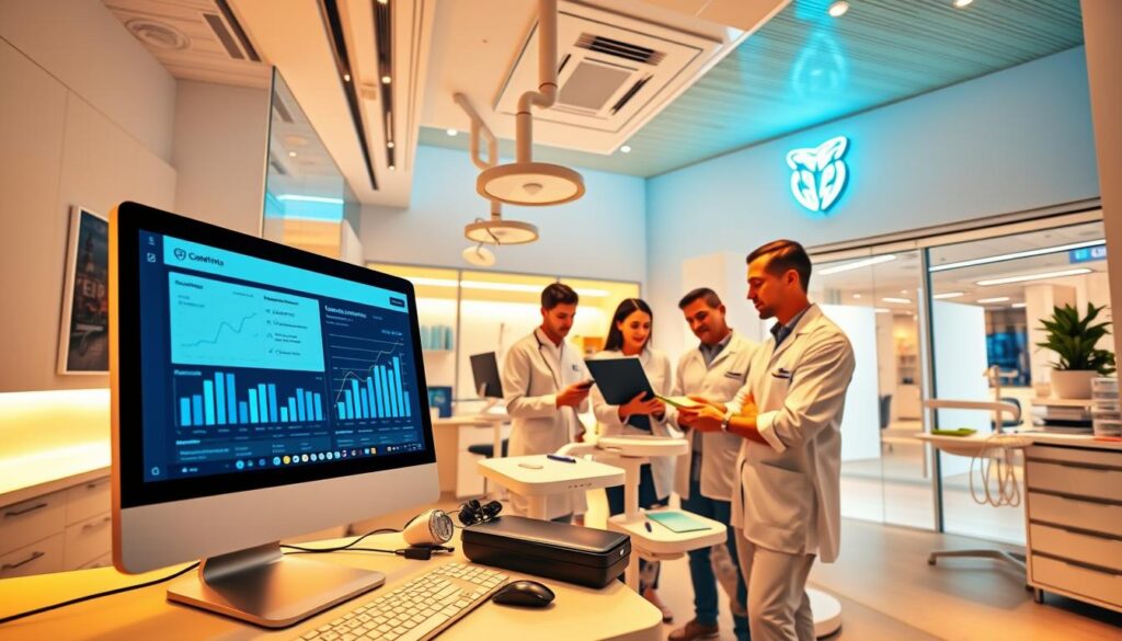 A modern, vibrant dental clinic with a sleek, minimalist interior. The foreground features a desktop computer displaying digital marketing analytics, surrounded by professional medical equipment and supplies. The middle ground showcases a team of dental professionals collaborating on a marketing strategy, their expressions focused and engaged. The background depicts a panoramic view of the clinic's exterior, with clean lines, large windows, and a prominent logo signage. Warm, natural lighting illuminates the scene, creating a sense of professionalism and innovation. The overall atmosphere conveys the power of digital marketing to elevate a dental practice's visibility, patient engagement, and business growth.