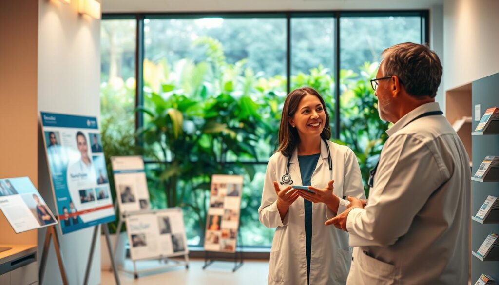 A modern, vibrant healthcare clinic interior with warm lighting and clean lines. In the foreground, a physician and a patient engaged in an educational conversation, their body language conveying trust and understanding. In the middle ground, informative displays and educational materials on various health topics. The background features large windows overlooking a verdant garden, creating a serene, therapeutic atmosphere. The overall scene embodies the concept of "educational marketing in healthcare" - a space that fosters learning, empowers patients, and promotes a holistic, patient-centric approach to healthcare.