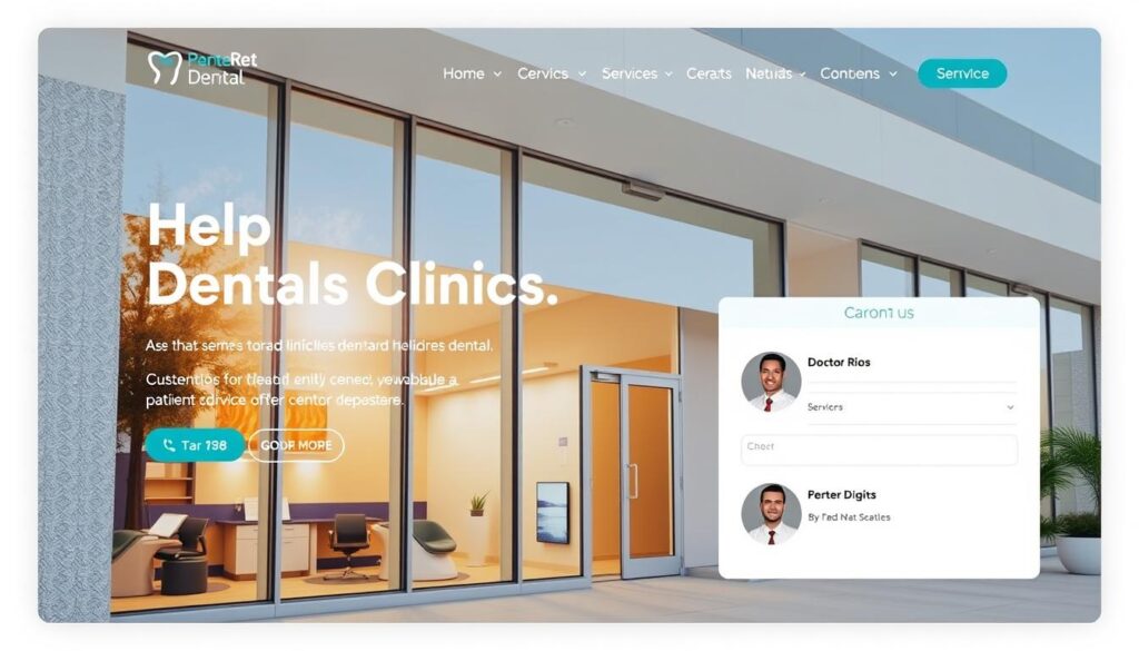 A modern, visually appealing dental clinic website, designed with a clean and professional aesthetic. The homepage features a large hero image showcasing the clinic's exterior, with a warm, inviting atmosphere created by natural lighting streaming through large windows. The layout is well-structured, guiding visitors through key information such as services, doctor bios, and contact details. Subtle branding elements, such as a minimalist logo and cohesive color palette, reinforce the clinic's identity. The overall impression is one of trust, expertise, and a commitment to patient-centric care.