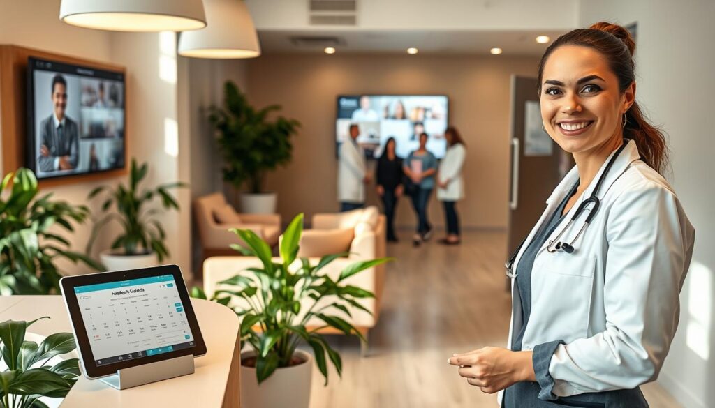 A modern, visually engaging medical clinic with a warm, inviting atmosphere. In the foreground, a smiling receptionist greets patients at the front desk, showcasing an iPad displaying appointment schedules and patient records. The middle ground features a comfortable waiting area with plush seating, leafy plants, and a large screen displaying informative healthcare content. In the background, a team of medical professionals, including a dentist and dental hygienist, are visible through a partially open door, suggesting the seamless integration of care and marketing. Soft, natural lighting illuminates the space, creating a sense of professionalism and care. The overall aesthetic conveys a patient-centric approach to healthcare, highlighting the clinic's commitment to marketing and patient acquisition.