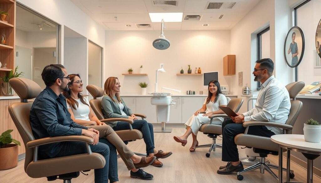 A modern, welcoming dental clinic interior with a warm, inviting atmosphere. Patients sit comfortably in ergonomic chairs, conversing with attentive staff who provide personalized care. Soft lighting creates a calming ambiance, while clean, contemporary furnishings and decor reflect professionalism and attention to detail. The clinic's layout facilitates seamless patient flow, with designated areas for consultation, treatment, and post-care follow-up. Friendly expressions and body language convey a genuine commitment to patient experience and satisfaction. An overall sense of comfort, trust, and efficient, high-quality service permeates the scene.
