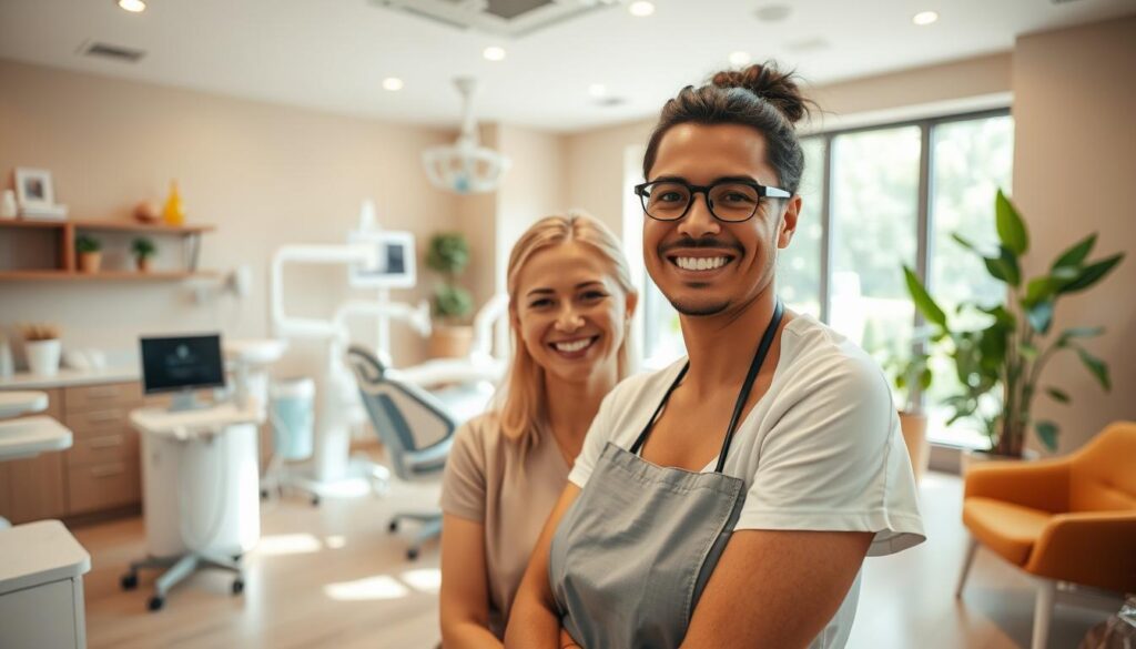 A modern, welcoming dental clinic interior with a warm, relaxing atmosphere. In the foreground, a smiling patient being assisted by a friendly dental hygienist. The middle ground showcases a clean, well-equipped treatment area with state-of-the-art dental equipment. In the background, a soothing, nature-inspired waiting room with comfortable seating, plants, and natural lighting pouring in through large windows. The overall scene conveys a sense of care, professionalism, and a focus on the patient's comfort and satisfaction.