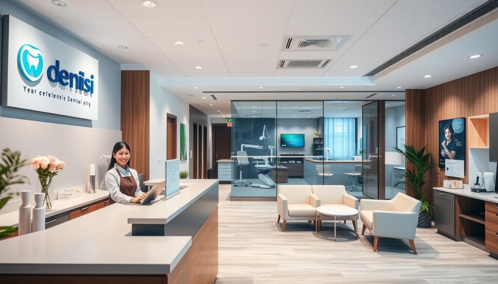 A modern, well-appointed dental clinic interior with a warm, inviting atmosphere. In the foreground, a receptionist's desk with a professional-looking staff member providing excellent customer service. Behind them, the clinic's branding and signage prominently displayed, conveying a sense of authority and trust. The middle ground features a comfortable waiting area with tasteful furnishings and decor, creating a relaxing environment for patients. In the background, glimpses of state-of-the-art dental equipment and treatment rooms, suggesting the clinic's commitment to high-quality care. Soft, diffused lighting enhances the overall aesthetic, promoting a calming, professional vibe.