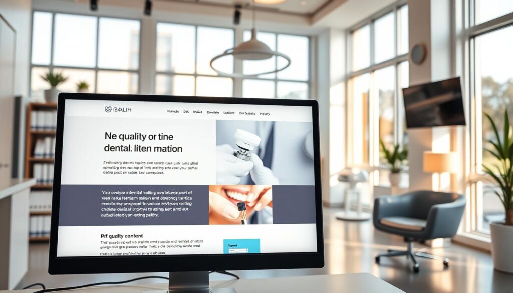 A modern, well-appointed dental clinic interior with warm, natural lighting filtering through large windows. In the foreground, a desktop computer displaying a website with high-quality, informative content about dental care and services. In the middle ground, shelves of medical texts and diagnostic equipment convey a sense of expertise and professionalism. The background features sleek, minimalist furniture and decor, creating a tranquil, inviting atmosphere that puts patients at ease. The overall scene radiates a sense of quality, trustworthiness, and a commitment to providing excellent patient care.