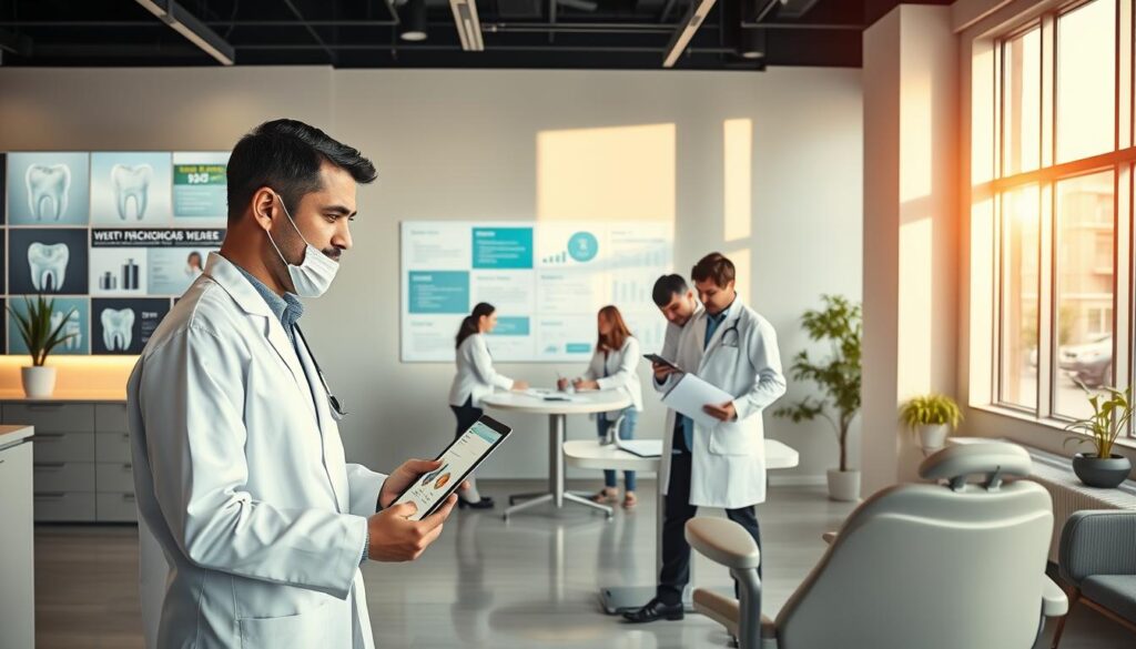 A modern, well-appointed dental office with sleek, minimalist decor. In the foreground, a dentist consults with a patient, gesturing towards a tablet displaying various treatment options and cost estimates. Behind them, the reception area features a large, backlit display board showcasing different dental services and promotional offers. The middle ground showcases a team of dental professionals collaborating around a central planning table, examining financial data and discussing strategic marketing initiatives. In the background, the office is bathed in warm, natural lighting filtering through large windows, creating a calming, professional atmosphere.