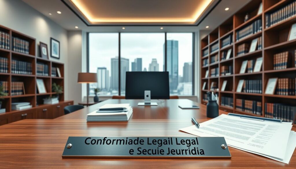 A modern, well-appointed law office with a clean, professional atmosphere. In the foreground, a wooden desk with a metal nameplate that reads "Conformidade Legal e Segurança Jurídica". On the desk, a computer monitor, a stack of legal documents, and a pen holder. The middle ground features bookshelves lining the walls, filled with law books and framed certificates. Indirect lighting casts a warm, authoritative glow throughout the space. Large windows in the background overlook a bustling city skyline, symbolizing the importance of legal compliance and protection in a dynamic business environment.