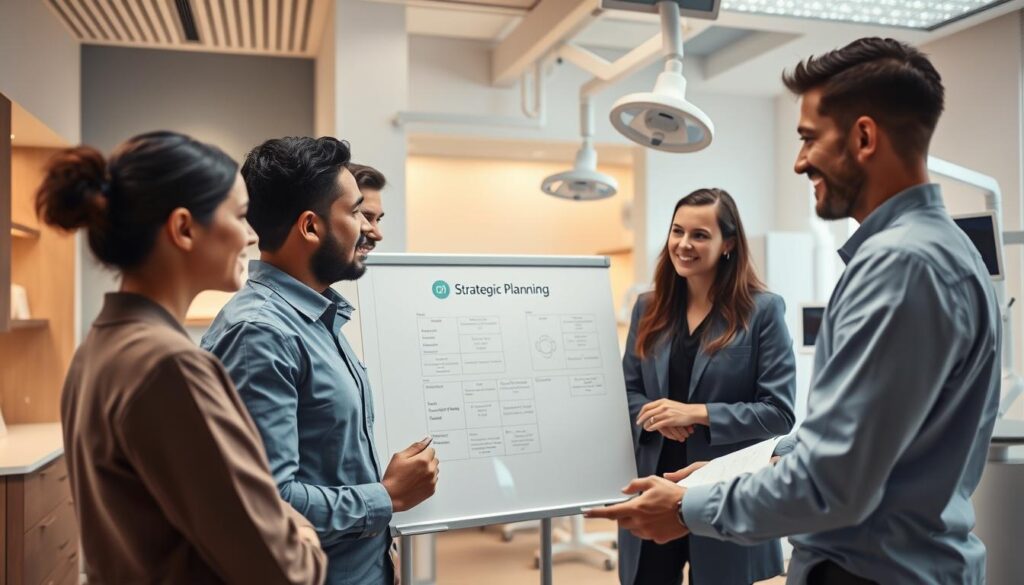 A modern, well-designed dental clinic with a focus on strategic planning. In the foreground, a team of professionals discussing plans and strategies on a whiteboard, their attentive expressions conveying the importance of their work. The clinic's interior is bathed in warm, natural lighting, with clean lines, minimalist decor, and high-tech equipment visible in the background, reflecting the clinic's commitment to efficiency and patient-centric care. The overall atmosphere is one of professionalism, collaboration, and a forward-thinking approach to dental practice management.