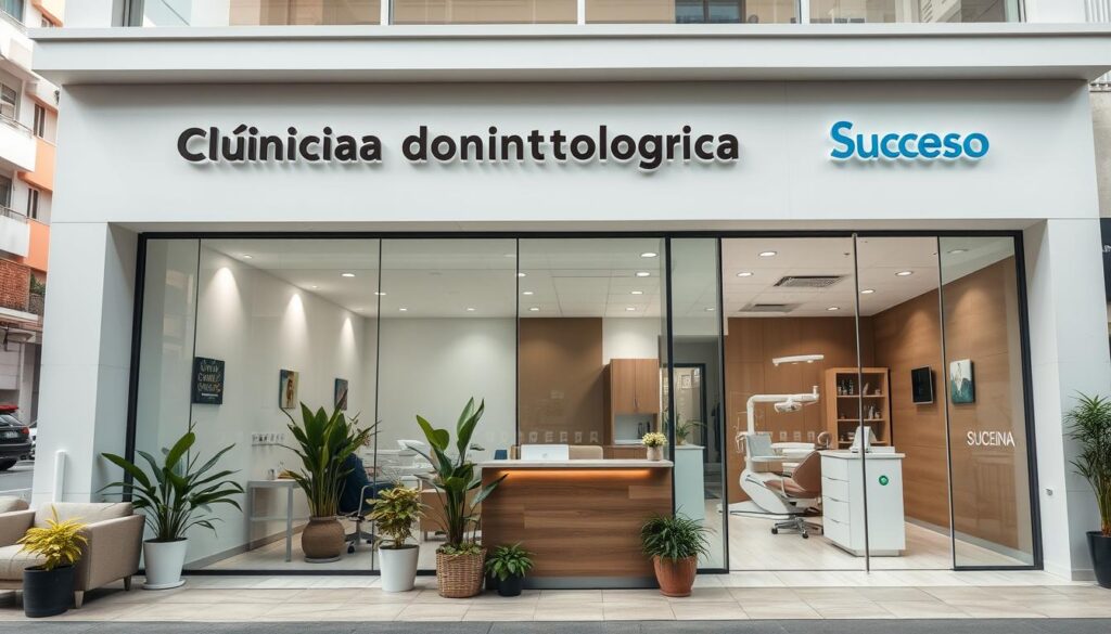 A modern, well-designed dental clinic with a warm and inviting atmosphere. The exterior features clean lines, large windows, and a prominent sign reading "Clínica Odontológica Sucesso". The lobby is filled with comfortable seating, potted plants, and a reception desk with a friendly receptionist. The examination rooms are bright and spacious, equipped with state-of-the-art dental equipment. The clinic's branding is evident throughout, with a cohesive color scheme and logo prominently displayed. The overall impression is one of professionalism, cleanliness, and a commitment to patient care. The lighting is soft and natural, creating a calming environment. The clinic is situated in a bustling urban setting, surrounded by other commercial buildings, but its modern and inviting design makes it stand out.