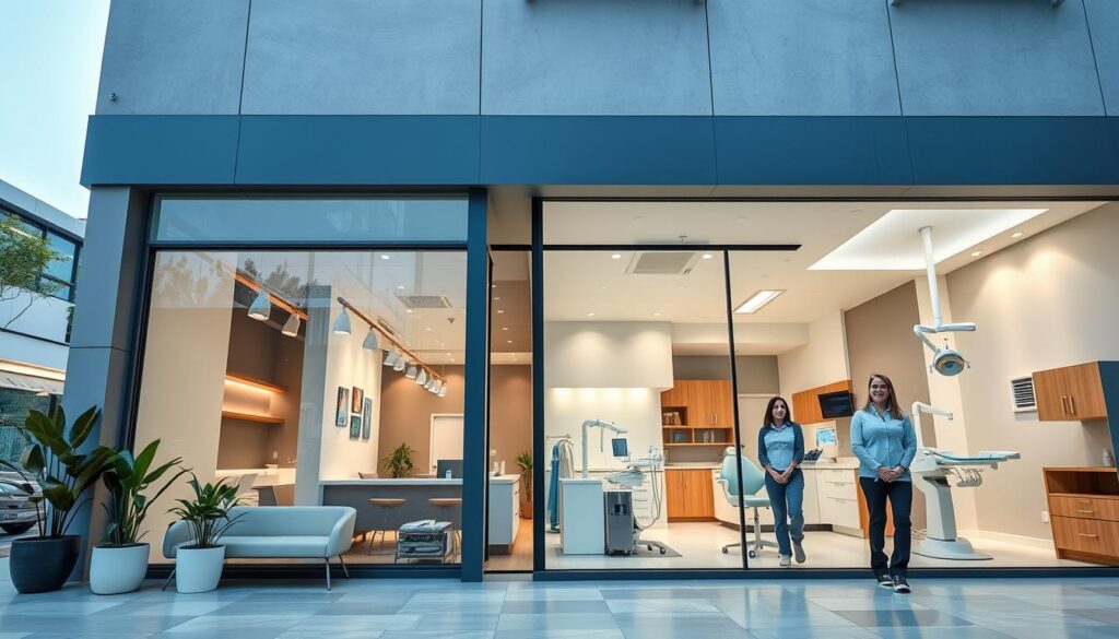 A modern, well-designed dental clinic with sleek, minimalist aesthetics. The clinic's exterior features large windows, clean lines, and a sophisticated color palette of grays, whites, and hints of blue. The lobby is bright and airy, with comfortable seating and soothing natural elements like potted plants. Examination rooms are equipped with state-of-the-art dental equipment, ample lighting, and calming decor to put patients at ease. The staff, dressed in professional attire, exude a warm, welcoming demeanor. The overall atmosphere conveys a sense of professionalism, innovation, and a patient-centric approach to dental care.