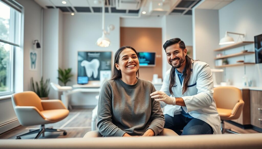A modern, well-designed dental office interior with comfortable seating, calming natural light, and clean, minimalist decor. In the foreground, a smiling patient interacts with a friendly, attentive dentist, creating a positive, personalized experience. The middle ground features educational displays and interactive dental technology, demonstrating the clinic's commitment to patient-centric care. The background showcases a warm, inviting atmosphere with soothing colors and textures, putting the patient at ease. High-quality lighting and a carefully considered camera angle capture the harmonious interaction between the patient, dentist, and the thoughtfully curated environment.