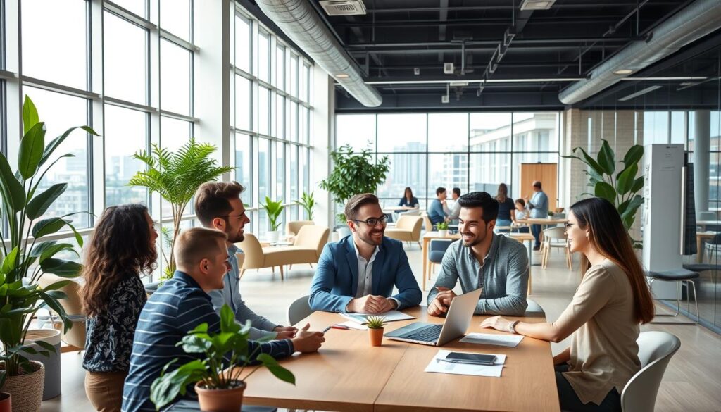A modern, well-designed office interior with a bright, open floor plan. In the foreground, a diverse team of professionals engaged in collaborative work around a stylish conference table, their expressions animated as they discuss ideas. The middle ground features a communal lounge area with comfortable seating and lush greenery, fostering a relaxed, productive atmosphere. In the background, large windows provide ample natural light and scenic views of an urban cityscape, conveying a sense of connectivity and energy. The overall scene exudes a positive, cohesive organizational culture with an emphasis on teamwork, communication, and employee well-being.