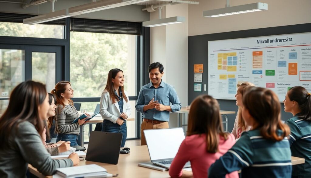 A modern, well-equipped classroom with an inviting atmosphere. In the foreground, a group of students engaged in lively discussion, their faces animated as they exchange ideas. The teacher, standing at the center, guides the conversation with a warm, encouraging demeanor. Soft, natural lighting filters in through large windows, casting a gentle glow on the scene. The middle ground features a variety of learning materials - textbooks, laptops, and interactive whiteboards - reflecting a multi-modal approach to education. In the background, a vibrant wall display showcases key concepts and frameworks, complementing the dynamic teaching methodology. The overall composition conveys a sense of collaborative learning, intellectual curiosity, and a commitment to effective pedagogical practices.