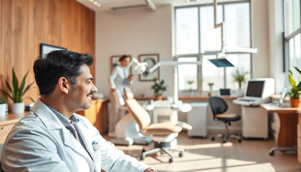 A modern, well-equipped dental clinic bathed in natural light, with sleek, state-of-the-art equipment and furnishings. In the foreground, a dentist in a crisp white coat examines a patient, their expressions conveying a sense of calm professionalism. The middle ground showcases a range of innovative tools and technologies, such as digital X-ray machines and 3D printers, hinting at the clinic's commitment to cutting-edge advancements. The background features a warm, minimalist décor with plants and artwork, creating a serene, welcoming atmosphere for patients. The overall scene radiates a sense of innovation, efficiency, and a patient-centric approach to modern dental care.