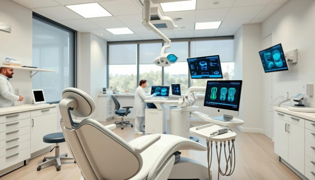 A modern, well-equipped dental clinic filled with cutting-edge technology. In the foreground, a sleek, ergonomic dental chair with a high-resolution digital display and state-of-the-art instruments. In the middle ground, a team of dental professionals utilizing advanced software and digital imaging systems to diagnose and plan treatments. The background features a clean, bright, and minimalist space with large windows allowing natural light to flood the room, creating a calming and professional atmosphere. The lighting is balanced, with a combination of overhead task lighting and subtle ambient lighting, enhancing the clinical ambiance. The overall scene conveys a sense of innovation, efficiency, and a commitment to providing superior dental care.