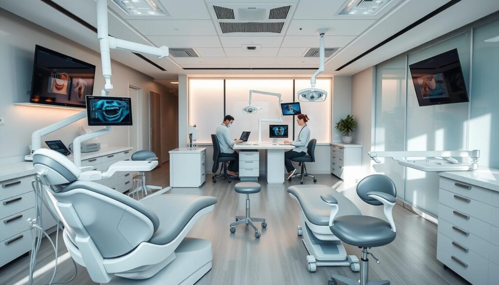 A modern, well-equipped dental clinic in 2025, showcasing the latest advancements in technology and patient-centric design. The foreground features state-of-the-art dental chairs with sleek, ergonomic designs and integrated digital displays. In the middle ground, dental professionals utilize advanced diagnostic tools, such as intraoral scanners and 3D imaging systems, to provide personalized treatment plans. The background depicts a serene, calming environment with natural lighting, soothing wall colors, and ergonomic furniture, creating a tranquil atmosphere for patients. The overall scene conveys a vision of efficient, technology-driven dental care that prioritizes patient comfort and well-being.