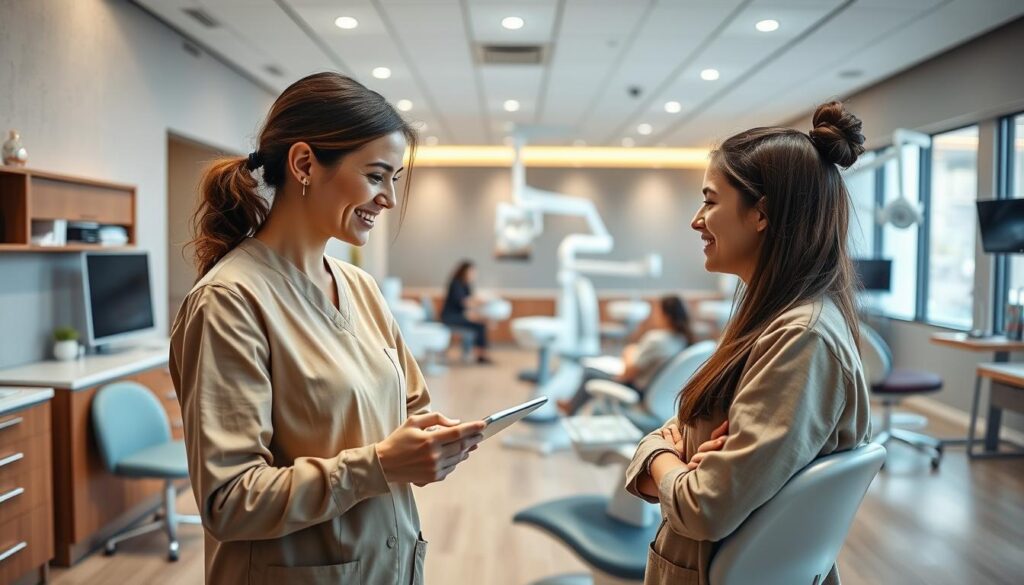A modern, well-equipped dental clinic interior, showcasing the student support services. In the foreground, a friendly dental assistant guiding a student through the clinic's patient management software on a sleek, high-resolution touchscreen display. The middle ground features a cozy, ergonomic study area with comfortable chairs and ample desk space, where students can review case files and collaborate. The background reveals a panoramic view of the clinic, with state-of-the-art dental chairs, advanced equipment, and soothing lighting that creates a calming, professional atmosphere. Warm, earthy tones and clean, minimalist design elements convey a sense of structure, organization, and a strong focus on student success.