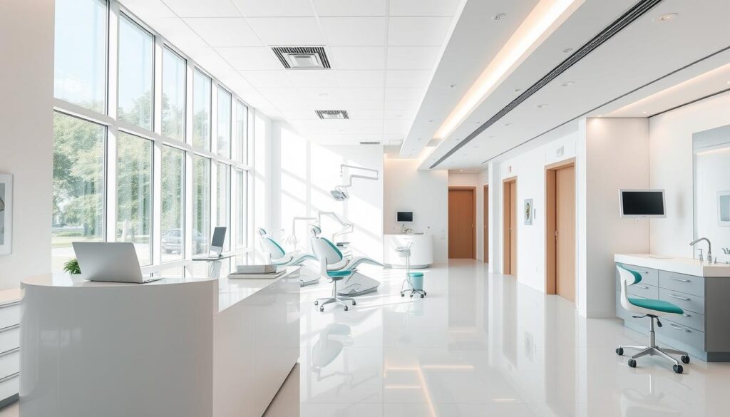 A modern, well-equipped dental clinic interior with a clean, minimalist aesthetic. The reception area features sleek, white furniture and large windows allowing natural light to flood the space. In the treatment rooms, state-of-the-art dental chairs and equipment are neatly arranged, creating an atmosphere of professionalism and efficiency. The hallways are wide and bright, with subtle accent lighting guiding patients to their destinations. The overall vibe is one of comfort, care, and technological sophistication - a "Clínica Ideal" that sets a new standard for dental practices.