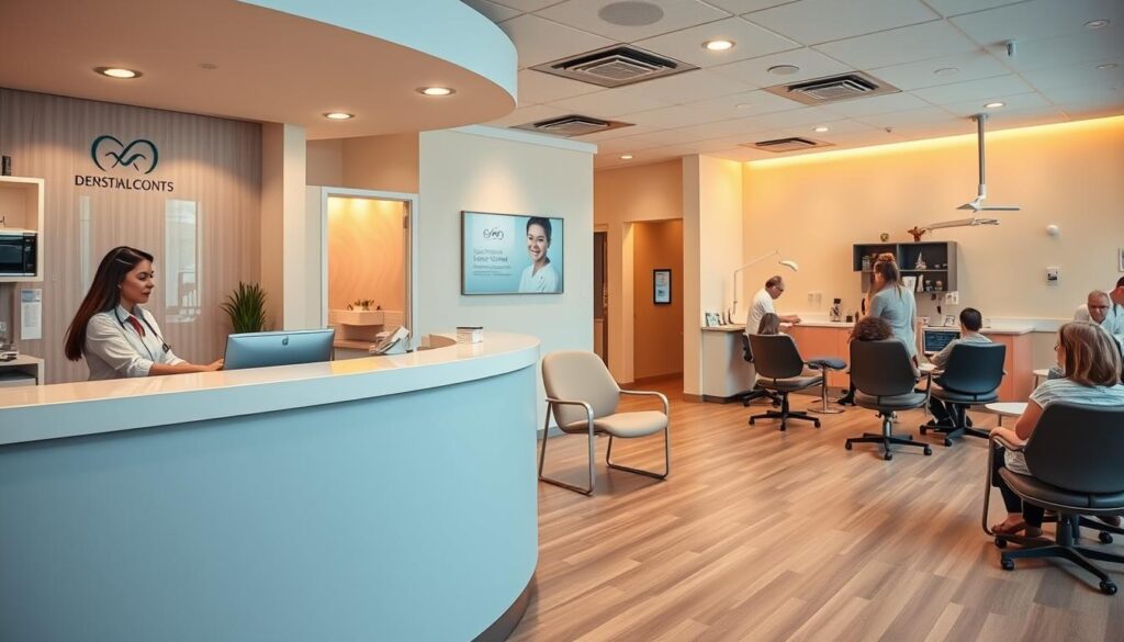 A modern, well-equipped dental clinic interior with a receptionist's desk in the foreground, patients waiting in comfortable chairs, and dentists and hygienists working in the examination rooms in the background. Warm lighting illuminates the space, creating a calming and professional atmosphere. The clinic's branding and signage are visible, conveying a sense of organization and attention to detail. The overall scene emphasizes the importance of efficient management and patient-centered care in a successful dental practice.