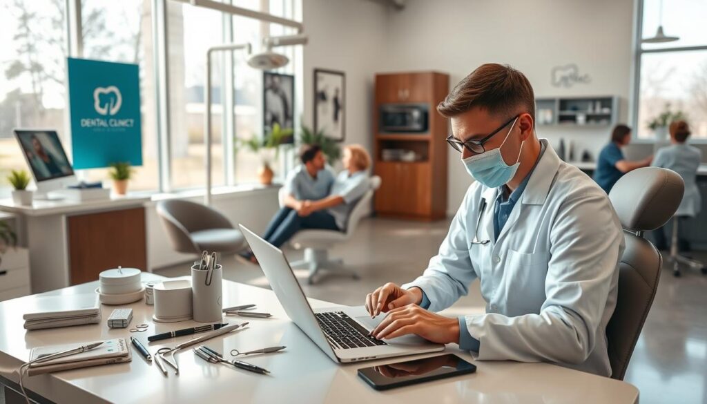 A modern, well-equipped dental clinic interior with natural lighting streaming through large windows. In the foreground, a dentist or dental assistant is carefully creating engaging social media content on a laptop, with a selection of dental tools and equipment visible on the desk. The middle ground features a patient sitting comfortably, discussing their treatment plan with the dental professional. The background showcases the clinic's branding, decor, and other patients in the waiting area, all contributing to a professional, welcoming atmosphere conducive to content creation.