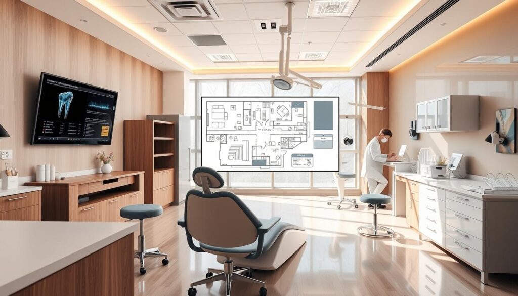 A modern, well-equipped dental clinic interior with sleek, ergonomic furniture and state-of-the-art medical equipment. Bright, natural lighting illuminates the space, creating a calming, professional atmosphere. A detailed floor plan is displayed on a digital screen, showcasing the strategic layout and efficient workflow. The reception area features a warm, welcoming design, with a receptionist assisting patients. In the background, a team of dentists and staff are engaged in consultations and procedures, demonstrating the clinic's commitment to comprehensive patient care. The overall impression conveys a sense of strategic planning, technological integration, and a patient-centric approach to dental healthcare.