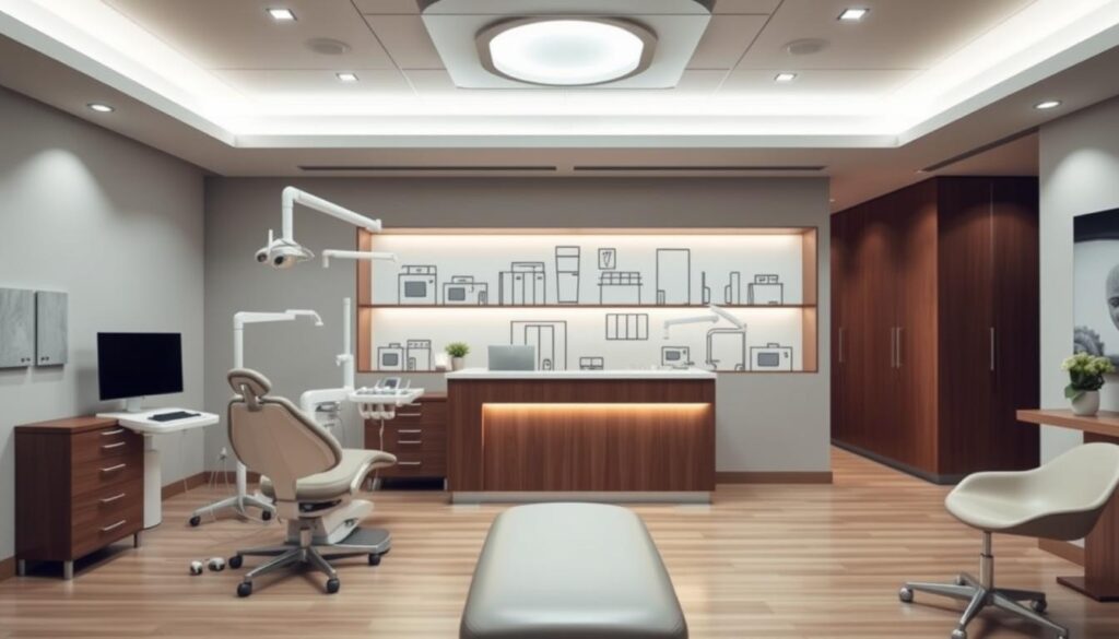 A modern, well-equipped dental clinic interior with sleek, minimalist design elements. The foreground features an examination chair and dental equipment, conveying a sense of professionalism and advanced technology. The middle ground showcases a reception desk with a warm, welcoming atmosphere, while the background depicts a panoramic view of the clinic's floor plan, highlighting efficient workflow and patient-centric layout. Subdued lighting and natural tones create a calming, spa-like ambiance, reflecting the clinic's focus on patient comfort and well-being. The overall impression is one of a strategic, forward-thinking dental practice committed to providing exceptional care.