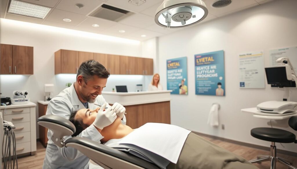 A modern, well-equipped dental clinic interior. In the foreground, a dentist in a white coat attentively examining a patient's teeth using a dental mirror and probe. The patient, positioned comfortably in a reclining chair, appears relaxed and engaged. Gentle lighting from overhead fixtures casts a soothing glow. In the middle ground, a receptionist at the front desk greets visitors with a warm smile, exemplifying the clinic's customer-centric approach. The background features neatly organized medical equipment, cabinets, and informative posters promoting dental hygiene and patient loyalty programs. An atmosphere of professionalism, trust, and patient care permeates the scene.