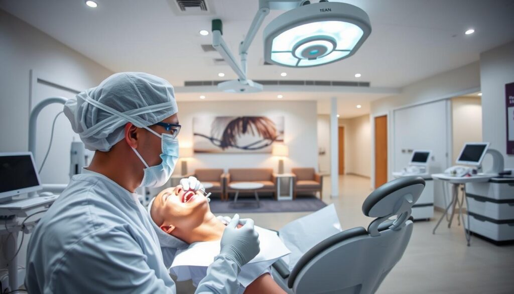 A modern, well-equipped dental clinic, showcasing the importance of safety and compliance. In the foreground, a dentist in sterile attire examines a patient's teeth, while behind them, state-of-the-art dental equipment and instruments are neatly organized. The middle ground features a waiting area with comfortable chairs and calming artwork, conveying a sense of professionalism and patient-centric care. In the background, a panoramic view of the clinic's interior, with clean, well-lit spaces and signage emphasizing the clinic's commitment to regulatory standards and best practices. The overall atmosphere is one of tranquility, efficiency, and unwavering attention to patient safety and comfort.