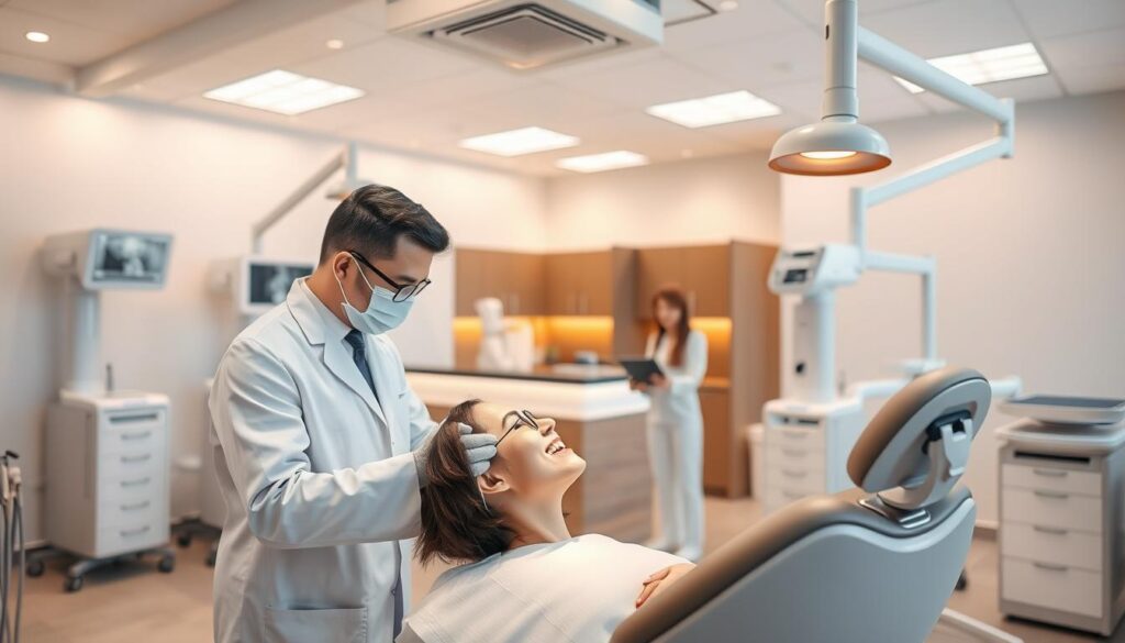 A modern, well-equipped dental clinic with a bright, clean, and professional atmosphere. In the foreground, a dentist in a white coat examines a patient's teeth using advanced dental equipment. The middle ground features a reception desk with a friendly receptionist, and the background showcases the clinic's state-of-the-art technology, including digital X-ray machines and sterilization equipment. The lighting is warm and inviting, creating a calming and trustworthy environment for patients. The overall scene conveys the concept of "clinical management" in a dental setting, highlighting the importance of efficient, high-quality patient care and the use of advanced tools and techniques.