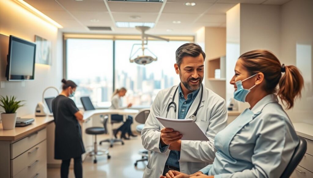 A modern, well-equipped dental clinic with a reception area, exam rooms, and a laboratory. In the foreground, a dentist and a patient discussing treatment plans, with the patient's expression conveying a mix of concern and trust. In the middle ground, a dental assistant prepares instruments while a team of professionals collaborate to provide high-quality care. The background features a panoramic view of the city skyline, symbolizing the clinic's dedication to delivering exceptional services. The scene is illuminated by a warm, natural lighting that creates a calming and professional atmosphere, reflecting the clinic's commitment to patient comfort and well-being.