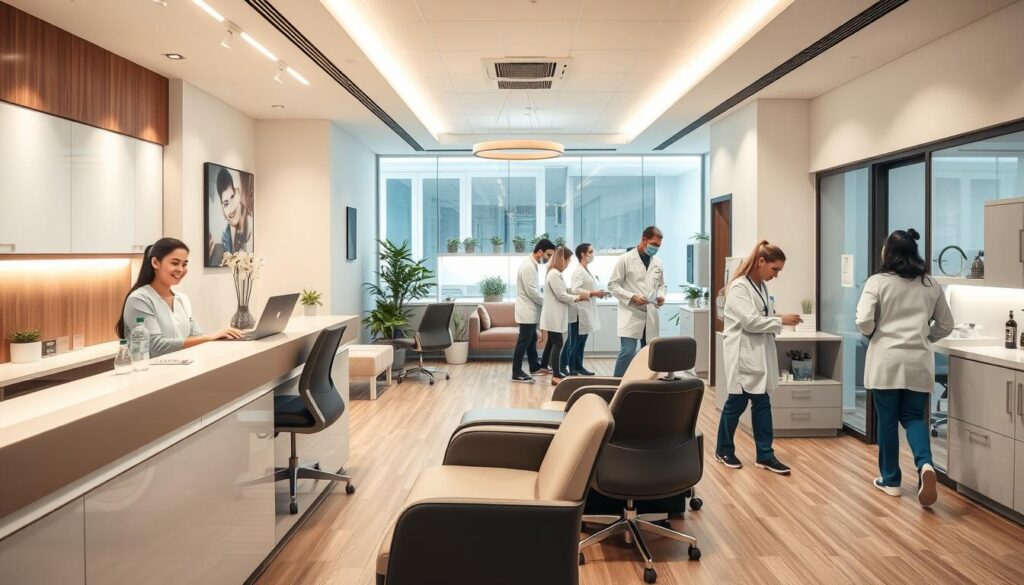 A modern, well-equipped dental clinic with a warm, inviting atmosphere. In the foreground, a friendly receptionist greets patients at the reception desk, surrounded by sleek, ergonomic furniture and calming, neutral-toned decor. The middle ground features a comfortable waiting area with plush seating and plants, creating a relaxing ambiance. In the background, healthcare professionals in crisp white coats and scrubs move efficiently, tending to patients' needs with a focus on personalized care and attention to detail. Soft, natural lighting illuminates the scene, conveying a sense of professionalism and patient-centered approach to dental management.