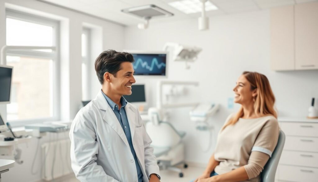 A modern, well-equipped dental clinic with a warm, inviting atmosphere. In the foreground, a dentist in a white coat is engaged in a friendly, attentive conversation with a patient, their expressions conveying empathy and trust. The clinic's interior features clean, minimalist design with natural lighting filtering through large windows, creating a calming ambiance. The background showcases state-of-the-art dental equipment and tools, reflecting the clinic's commitment to providing high-quality, efficient care. The overall scene aims to convey the importance of effective communication and a patient-centric approach in dental practice.