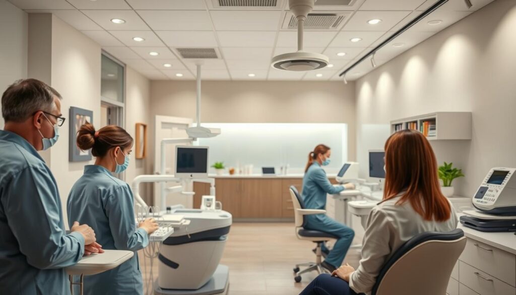 A modern, well-equipped dental clinic with a warm, inviting atmosphere. In the foreground, a team of dental professionals attending to patients with care and attentiveness. The middle ground showcases advanced equipment and technology, reflecting the clinic's commitment to providing high-quality care. The background features a neatly organized reception area, with a receptionist assisting patients. Soft, natural lighting illuminates the space, creating a calming and professional environment. The overall scene conveys a sense of efficiency, professionalism, and a patient-centric approach to dental clinic management.